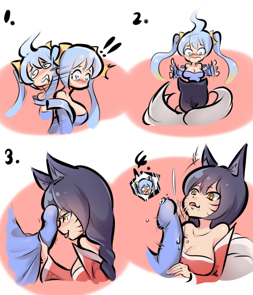 2girls :3 @_@ ahri animal_ears aqua_hair bare_shoulders black_hair blue_eyes blush breasts bulge cleavage comic covering covering_crotch drooling erection erection_under_clothes fox_ears fox_tail futa_with_female futanari handjob hands_on_own_face heart holding_penis large_breasts league_of_legends licking long_hair motion_blur multiple_girls no_panties open_mouth saliva smile sona_buvelle standing surprised tail tears tied_hair tongue tongue_out trembling twintails twitching xia_siren yellow_eyes