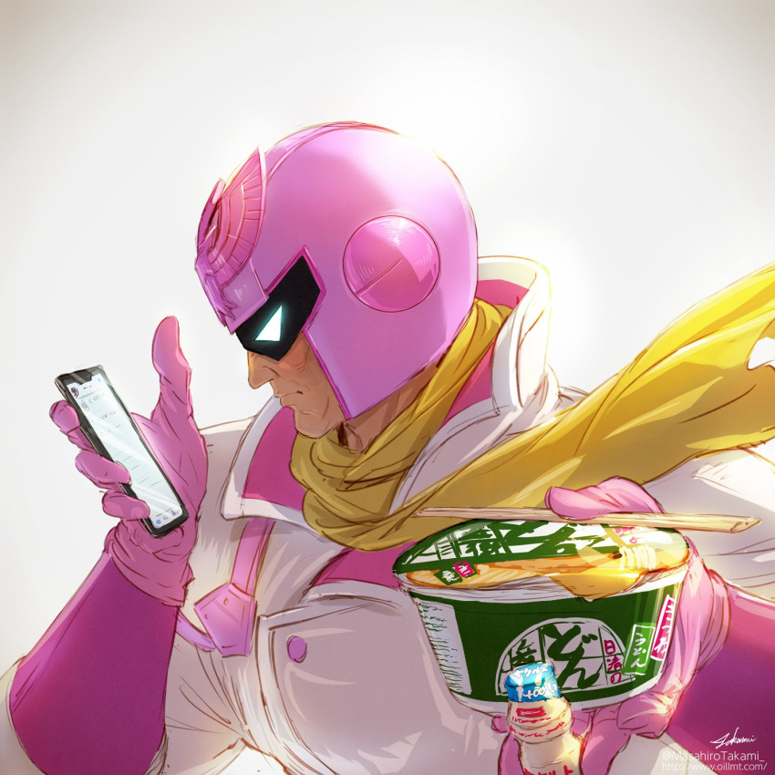 1boy artist_name backlighting bodysuit captain_falcon cellphone chopsticks commentary_request cup_ramen f-zero food food_request gloves helmet highres holding holding_food looking_at_phone male_focus nintendo phone pink_gloves pink_helmet scarf solo takami_masahiro twitter_username watermark web_address white_background yellow_neckwear