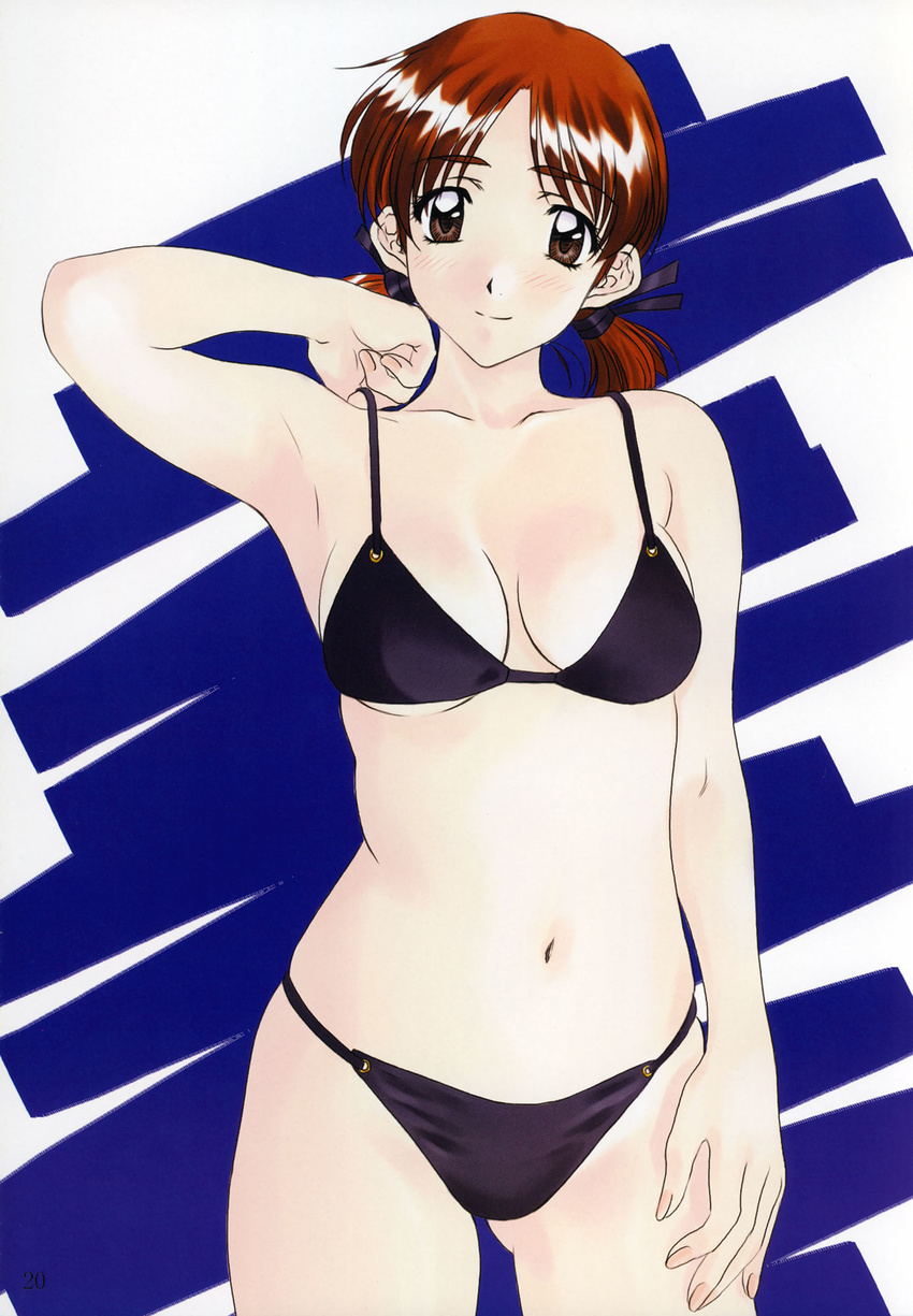 adachi_taeko adjusting_clothes adjusting_swimsuit arm_up armpits ass_visible_through_thighs bikini black_bikini blush brown_eyes brown_hair collarbone cowboy_shot hand_on_thigh highres looking_at_viewer navel polorinken sentimental_graffiti short_hair short_twintails smile solo swimsuit twintails