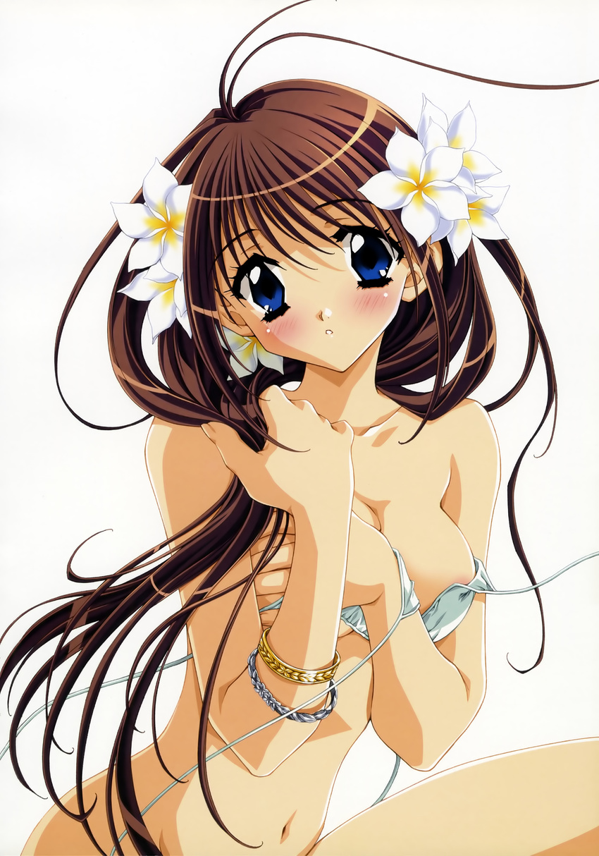 :o absurdres antenna_hair bikini blue_eyes blush bracelet breasts brown_hair cleavage copyright_request flower hair_flower hair_ornament highres jewelry kadoi_aya large_breasts long_hair navel plumeria simple_background solo swimsuit undressing untied untied_bikini white_background white_bikini