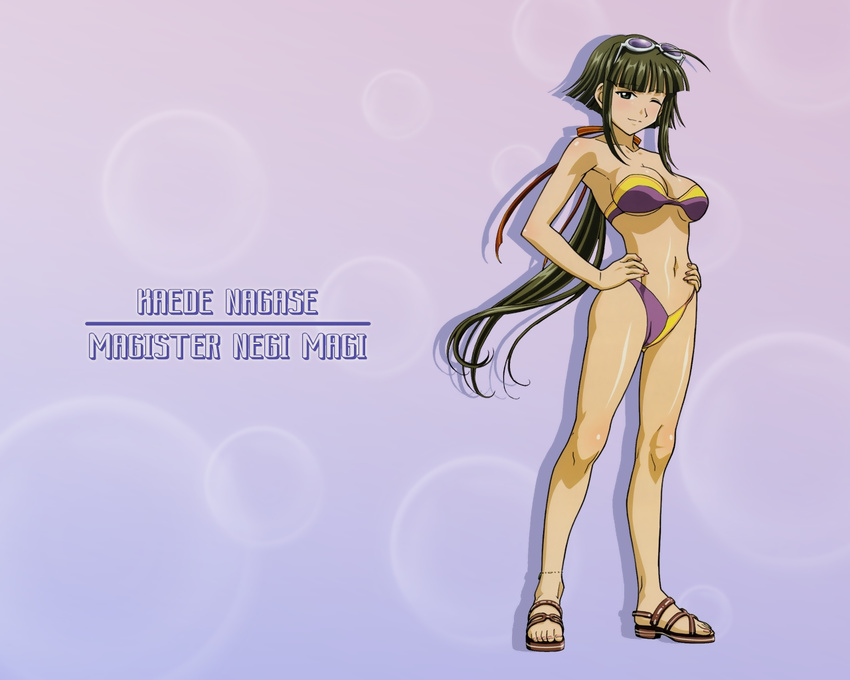 bikini blush green_eyes green_hair long_hair mahou_sensei_negima mahou_sensei_negima! nagase_kaede sunglasses swimsuit wallpaper wink