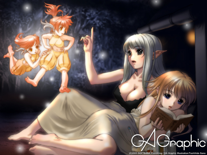 barefoot blue_eyes book breasts brown_hair cleavage elf gagraphic green_eyes large_breasts multiple_girls pointy_ears ponytail reading red_hair sano_toshihide silver_hair wallpaper