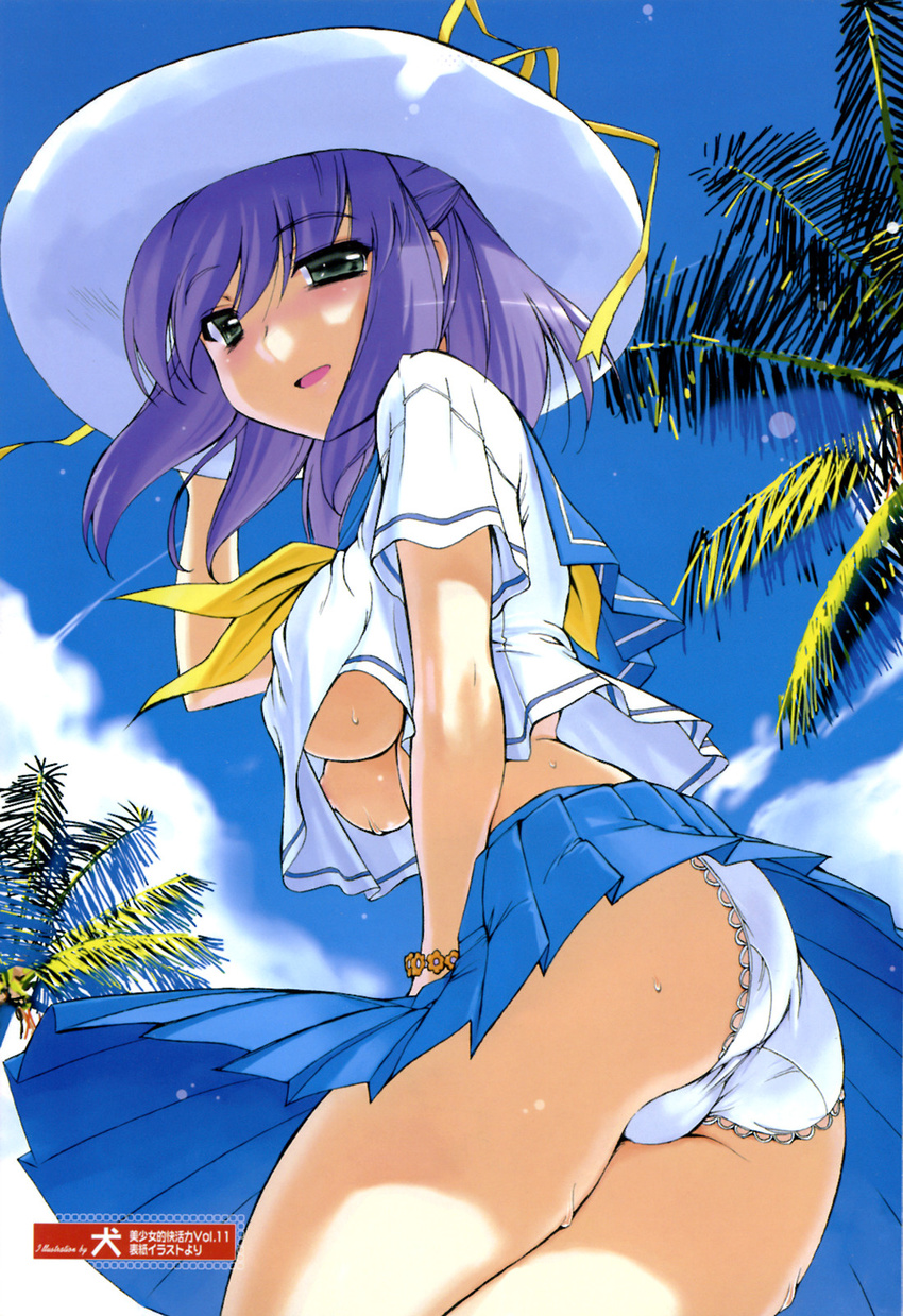 ass blue_eyes breasts fujino_shion hat hatsu_inu highres inu large_breasts no_bra panties pantyshot pleated_skirt purple_hair school_uniform serafuku skirt solo sweat trefoil underboob underwear white_panties wind wind_lift