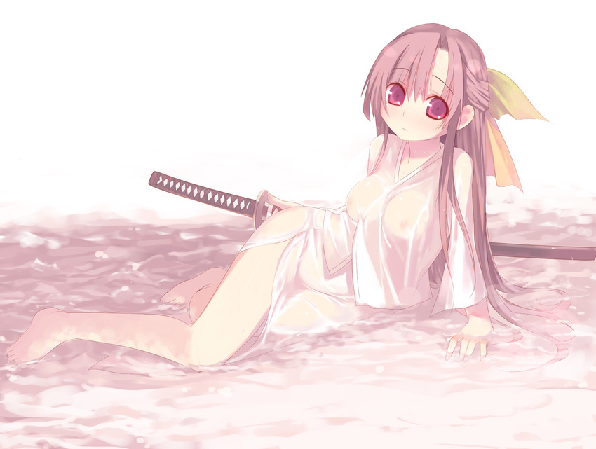 95-tan arm_support bangs bare_legs barefoot breasts brown_hair caustics closed_mouth crossed_legs dress_shirt eyebrows_visible_through_hair full_body hair_between_eyes hair_ribbon half_updo highres holding holding_sword holding_weapon japanese_clothes kashiwamochi_yomogi katana leaning_to_the_side lens_flare light_blush long_hair looking_at_viewer medium_breasts nipples os-tan outdoors parted_bangs reclining red_eyes ribbon see-through sheath sheathed shirt side_slit sidelocks sitting skirt solo sword sword_behind_back very_long_hair water weapon wet wet_clothes wet_shirt wet_skirt white_shirt white_skirt
