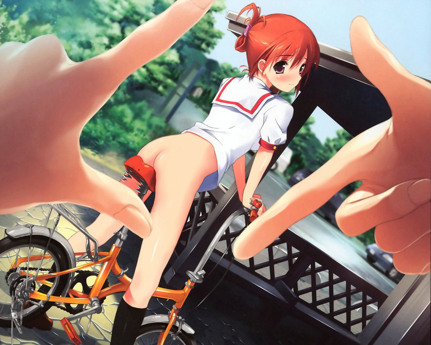 ass bicycle blush bottomless day dutch_angle finger_frame folding_bicycle from_behind gazebo ground_vehicle kantoku kneehighs looking_back nude_filter original out_of_frame pov pov_finger_frame public_nudity red_eyes red_hair school_uniform socks solo_focus tall_bicycle third-party_edit
