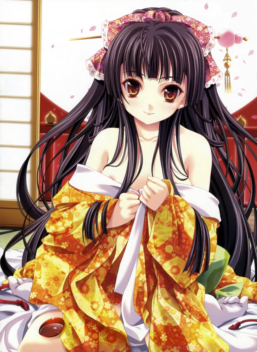 absurdres alcohol black_hair breasts brown_eyes copyright_request hair_ornament highres japanese_clothes kimono long_hair miyama-zero nipple_slip nipples non-web_source orange_kimono sake small_breasts solo undressing yukata