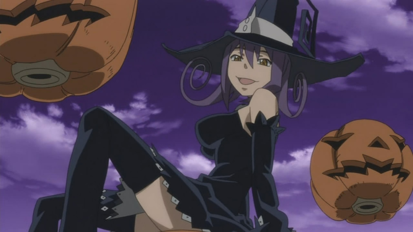 :d bangs bare_shoulders black_dress blair breasts cloud curly_hair detached_sleeves dress floating floating_object from_side hair_between_eyes hat impossible_clothes impossible_dress jack-o'-lantern knee_up lace large_breasts looking_at_viewer low_twintails night night_sky open_mouth outdoors petticoat pumpkin purple_hair screencap sitting sky smile solo soul_eater thighhighs twintails witch witch_hat yellow_eyes