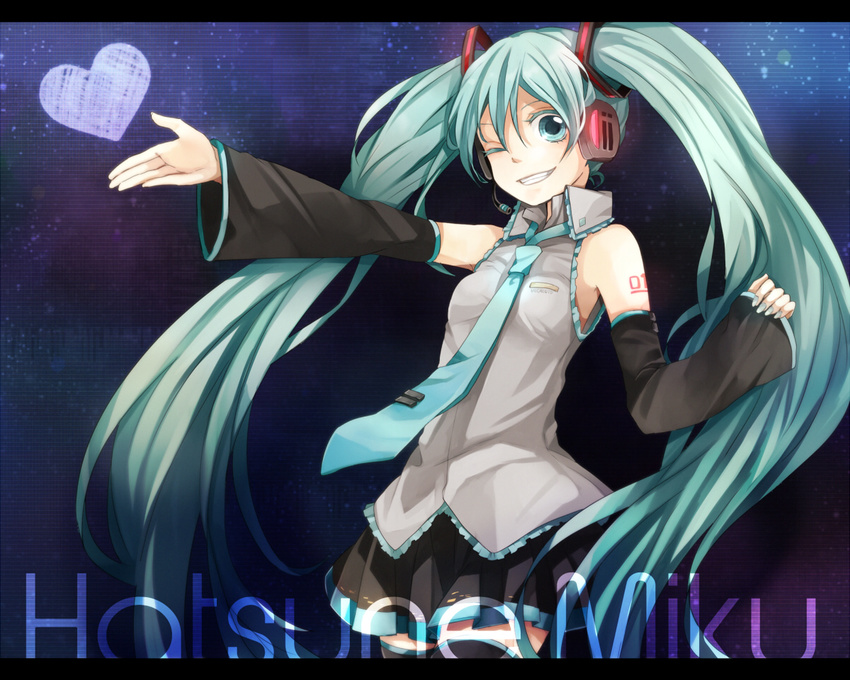 aqua_eyes aqua_hair character_name detached_sleeves grin hatsune_miku headset heart letterboxed long_hair necktie one_eye_closed outstretched_hand skirt smile solo tama_(songe) thighhighs twintails very_long_hair vocaloid