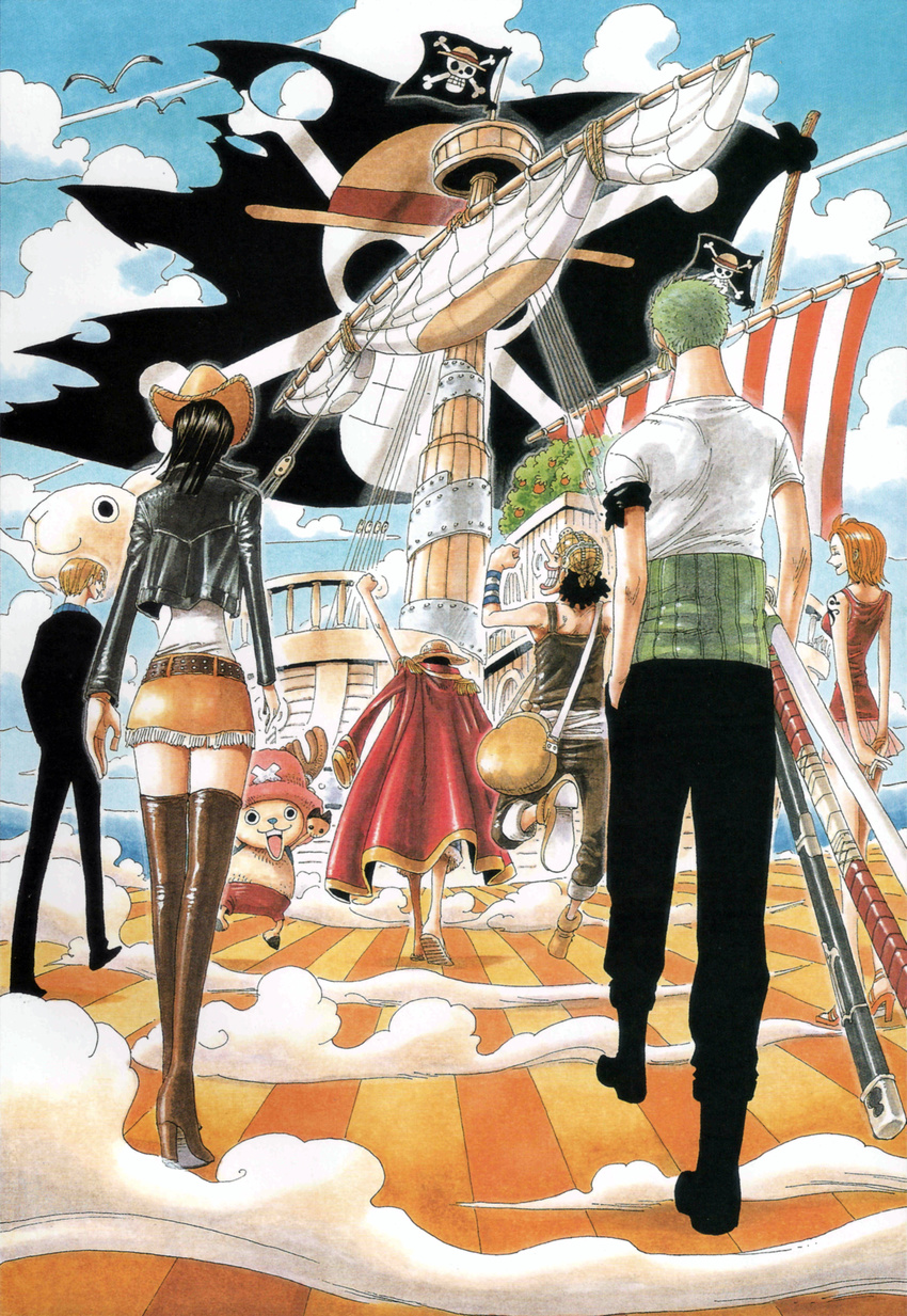 2girls 4boys absurdres antlers back black_hair black_pants blonde_hair blue_sky cigarette cloud clouds cover cover_page earrings food formal fruit fruit_tree goggles going_merry green_hair haramaki hat highres jacket jewelry jolly_roger monkey_d_luffy multiple_boys multiple_girls nami nami_(one_piece) nico_robin ocean oda_eiichiro oda_eiichirou official_art one_piece orange orange_hair orange_tree outdoors overalls pants pirate pirate_flag pleated_skirt reindeer roronoa_zoro sandals sanji scenery ship skirt sky smoking straw_hat suit sword tattoo tony_tony_chopper tree usopp walking weapon x_(symbol)