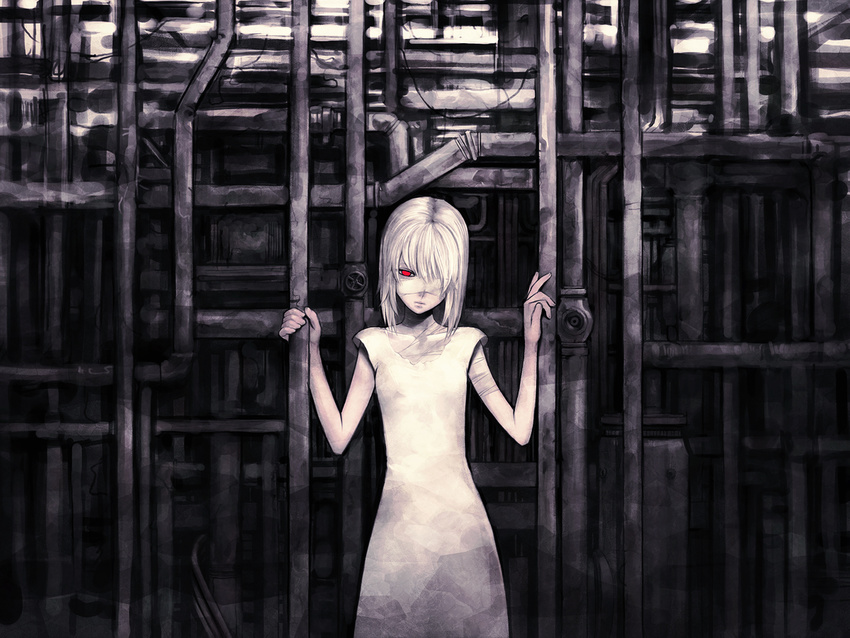 albino bandage_over_one_eye bandaged_arm bandages closed_mouth dress hair_over_one_eye iwai_ryou lead_pipe one_eye_covered original pale_skin red_eyes short_hair sleeveless sleeveless_dress solo standing white_dress white_hair