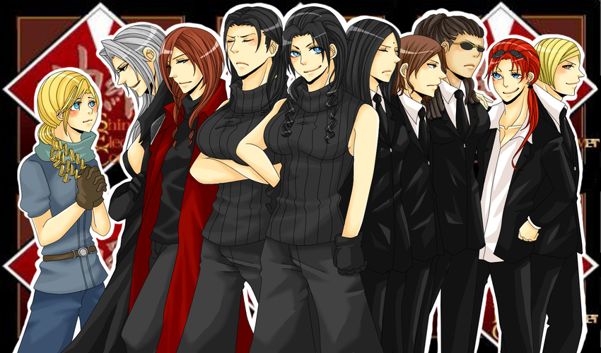 6+girls angeal_hewley black_hair blonde_hair blue_eyes blush breasts brown_eyes brown_hair cissnei closed_eyes cloud_strife crisis_core_final_fantasy_vii crossed_arms drill_hair elena_(ff7) everyone final_fantasy final_fantasy_vii formal genderswap genesis_rhapsodos gloves highres long_hair medium_breasts multiple_girls ponytail red_hair reno rude sephiroth short_hair silver_hair smile suit sunglasses tseng turks zack_fair