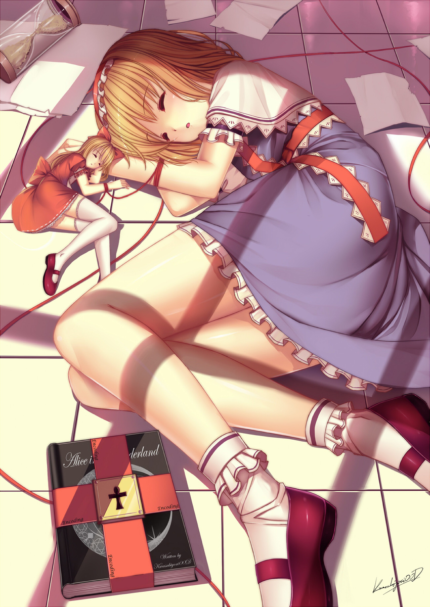 alice_in_wonderland alice_margatroid bdsm blonde_hair bobby_socks bondage book bound caidychen closed_eyes dress grimoire grimoire_of_alice hairband highres hourai_doll hourglass legs long_legs lying mary_janes multiple_girls on_side shoes short_hair signature sleeping socks string thighhighs tied_up touhou white_legwear window_shade zettai_ryouiki