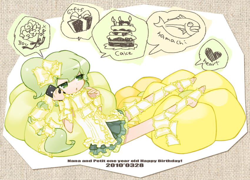 2010 akatsuki_gomoku bangs bean_bag_chair birthday bouquet bow cake candle cellphone fish flower food frills gathers gift green_eyes green_hair hair_bow heart iphone lace long_hair macloid macne_nana macne_nana_petit phone ponytail ribbon side_ponytail skirt smartphone solo thinking