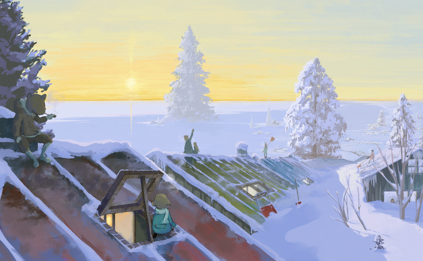 5boys animal_ears highres horizon kuchibiru_(lipblue) multiple_boys multiple_girls original pipe rooftop scenery shovel snow snow_scoop snow_shovel sun sunrise tree window winter winter_clothes