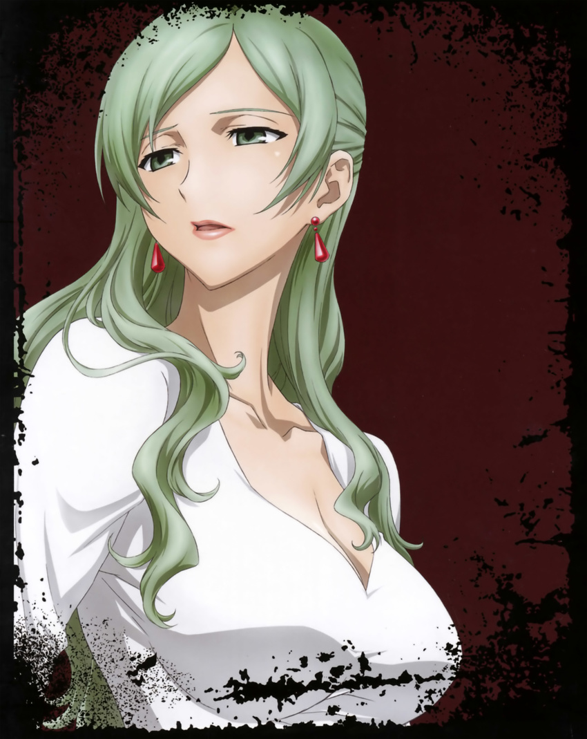 428 absurdres artist_request breasts canaan cleavage collarbone dress earrings green_eyes green_hair hakkoo highres jewelry large_breasts lipstick long_hair makeup official_art solo