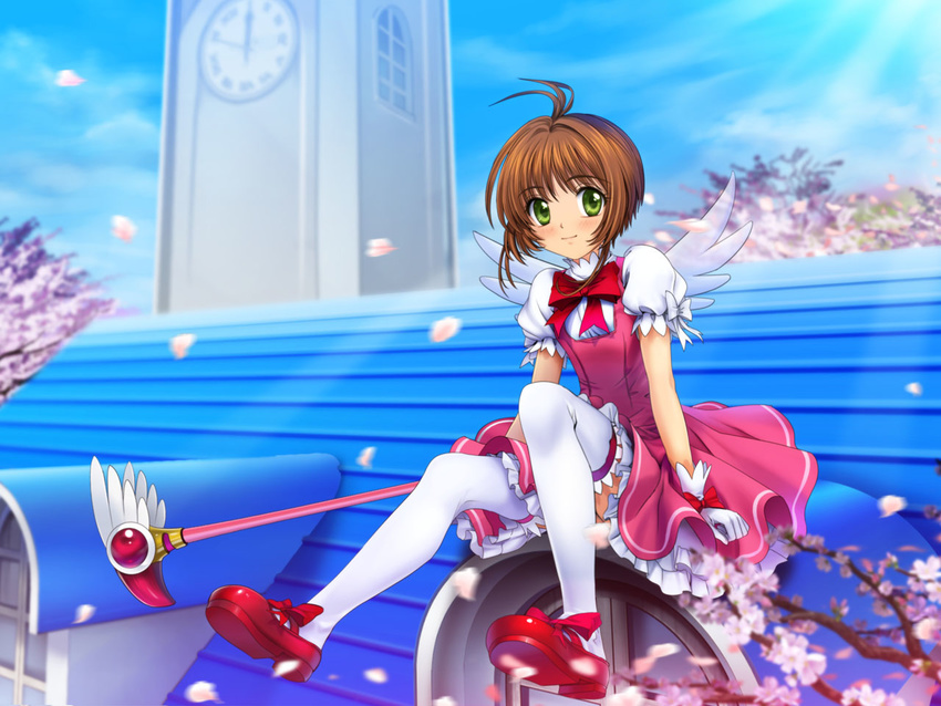 antenna_hair brown_hair cardcaptor_sakura cherry_blossoms dress fuuin_no_tsue glove_bow gloves green_eyes kinomoto_sakura magical_girl mary_janes mutsuki_(moonknives) petals rooftop shoes short_hair solo thighhighs wand white_gloves wings