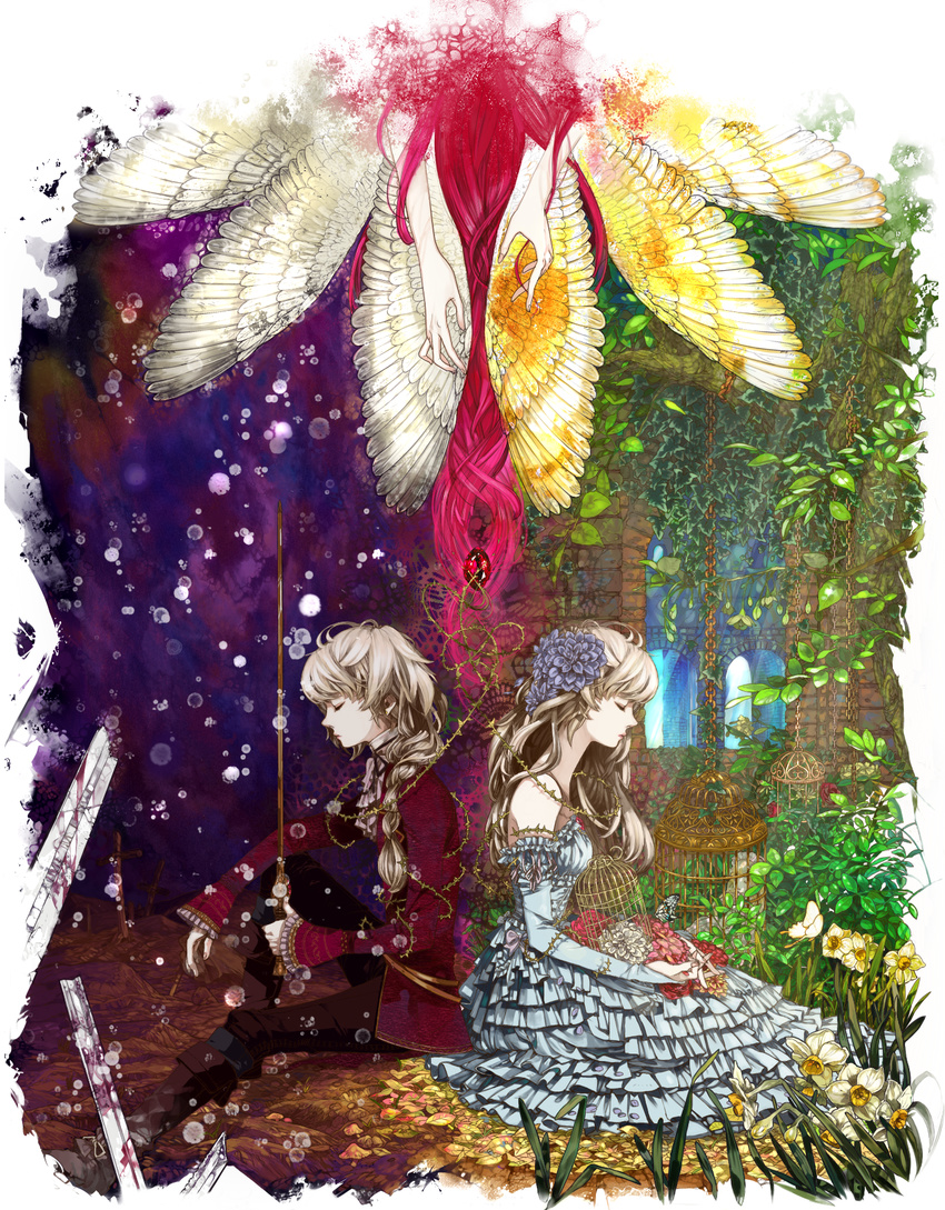 1girl back-to-back bad_id bad_pixiv_id beatmania birdcage blind_justice blonde_hair braid bridal_gauntlets bug butterfly cage closed_eyes daffodil flower formal hair_flower hair_ornament hands highres insect l'erisia leaf matin_catorce mushroom nox_catorce rapier red_flower red_rose roe_(d-c_-b) rose siblings sitting sword thorns weapon wings zektbach