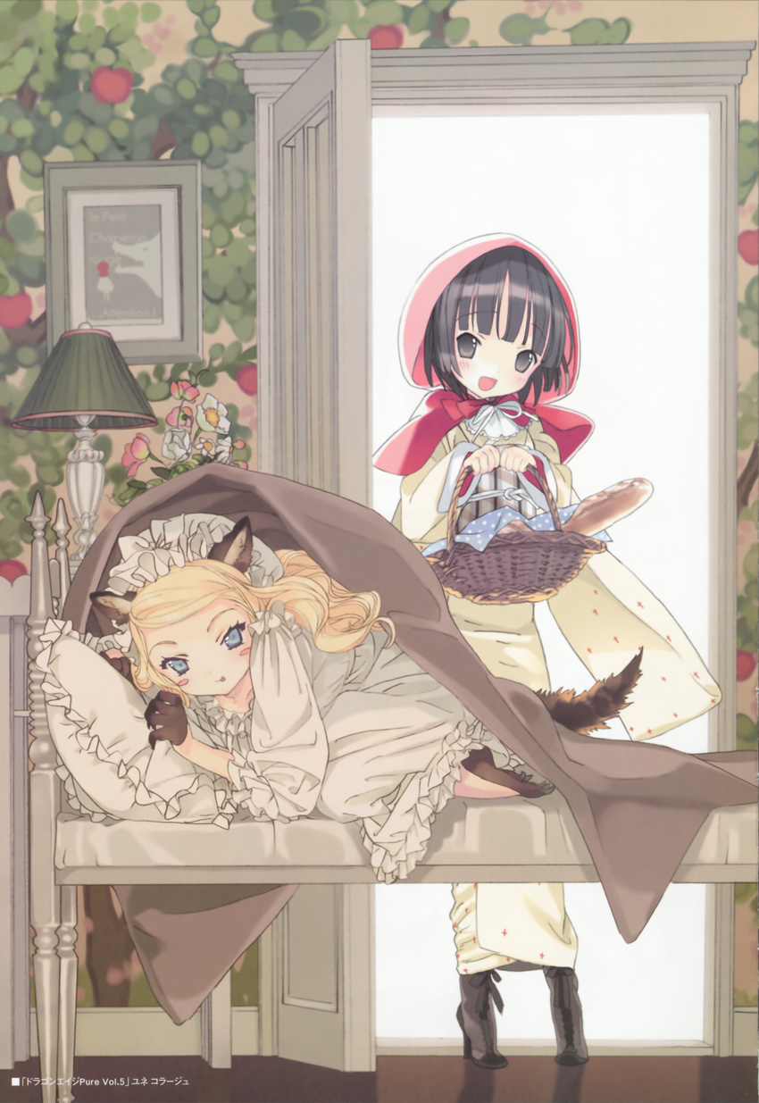 2girls :d absurdres alice_blanche animal_ears bed big_bad_wolf_(cosplay) big_bad_wolf_(grimm) black_hair blonde_hair blue_eyes blush_stickers boots capelet cosplay disguise french grandmother_(little_red_riding_hood) grey_eyes grimm's_fairy_tales high_heel_boots high_heels highres hood ikoku_meiro_no_croisee lamp little_red_riding_hood little_red_riding_hood_(cosplay) little_red_riding_hood_(grimm) multiple_girls open_door open_mouth pillow red_cape smile tail takeda_hinata wolf_ears wolf_tail yune_(ikoku_meiro_no_croisee)