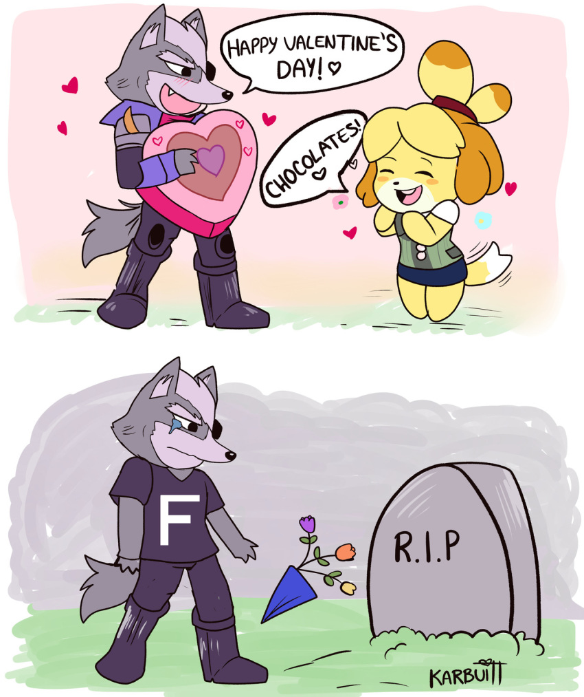 &lt;3 animal_crossing anthro black_nose canid canine canis clothing death dialogue domestic_dog duo english_text eyes_closed female flower footwear fur grass grey_fur humor isabelle_(animal_crossing) karbuitt male mammal nintendo plant sad shirt shoes smile smoke standing star_fox tailwag tears teeth text tombstone video_games wolf wolf_o'donnell yellow_fur