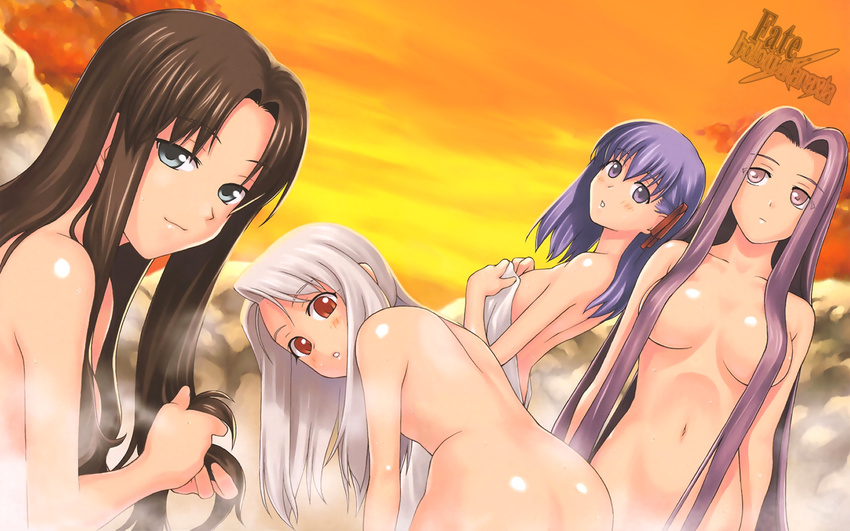 1920x1200 4girls :o adjusting_hair age_difference albino ass back bangs bent_over black_hair blue_eyes blush breasts brown_hair censor_hair censored cloud convenient_censoring embarrassed fate/hollow_ataraxia fate/stay_night fate_(series) flat_chest from_behind hair_censor hair_over_breasts hair_ribbon hair_tousle hair_tussle highres illyasviel_von_einzbern long_hair looking_at_viewer looking_away looking_back matou_sakura multiple_girls naked_towel naughty_face navel nude onsen open_mouth outdoors parted_bangs purple_eyes purple_hair red_eyes ribbon rider shiny shiny_skin silver_hair sitting sky smile standing steam sunset tanaka_shoutarou tohsaka_rin towel very_long_hair wallpaper white_hair widescreen
