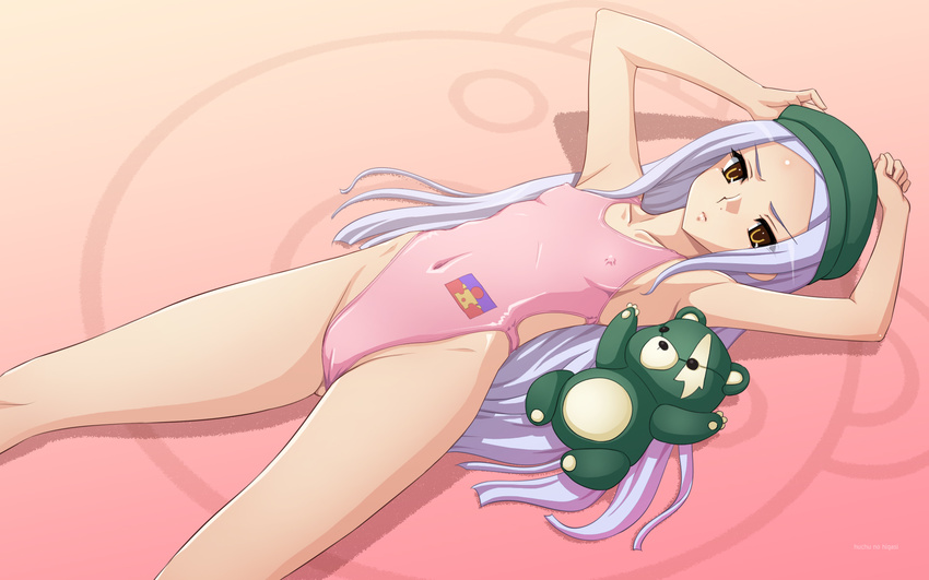 armpits arms_up cameltoe covered_nipples flat_chest gundam gundam_00 hat highres long_hair lying one-piece_swimsuit silver_hair solo soma_peries stuffed_animal stuffed_toy swimsuit tadano_akira teddy_bear wallpaper yellow_eyes