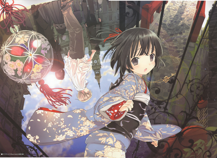 1boy 1girl absurdres black_hair blush claude_claudel cloud fisheye flat_chest grey_eyes highres ikoku_meiro_no_croisee japanese_clothes kimono loli looking_at_viewer looking_back paris ribbon ribbons scan short_hair sky takeda_hinata upside-down yukata yune_(ikoku_meiro_no_croisee)