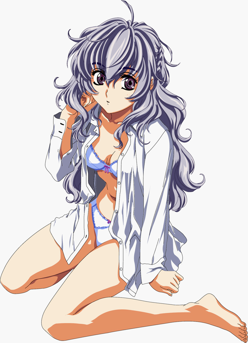 artist_request bow bow_bra bow_panties bra breasts cleavage eyebrows_visible_through_hair feet full_metal_panic! highres lingerie long_hair non-web_source official_art open_clothes open_shirt panties shirt silver_hair sitting small_breasts solo teletha_testarossa thighs underwear