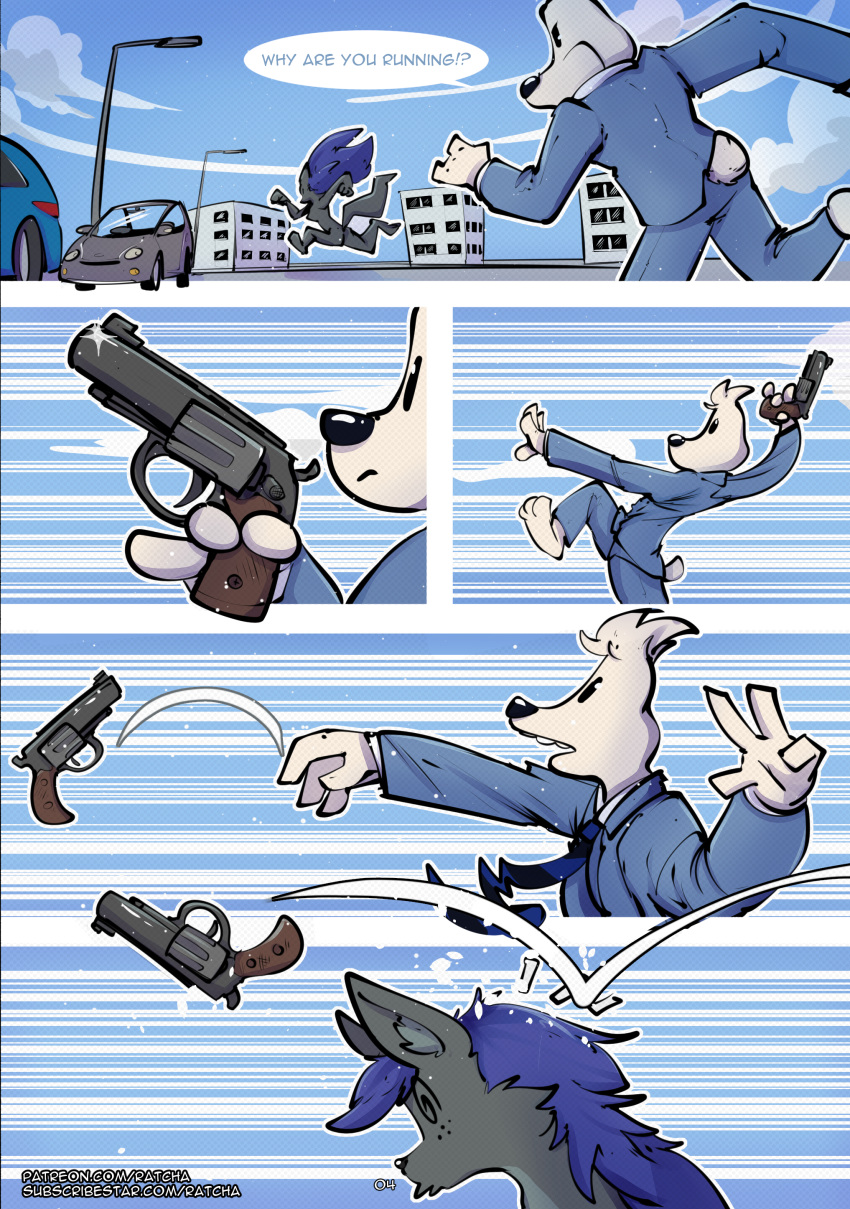 2019 blue_sky building canid canine canis car clothed clothing comic domestic_dog female fox gun knocked_out male mammal nude outside ranged_weapon ratcha_(artist) rina_(ratcha) sky throwing vehicle weapon
