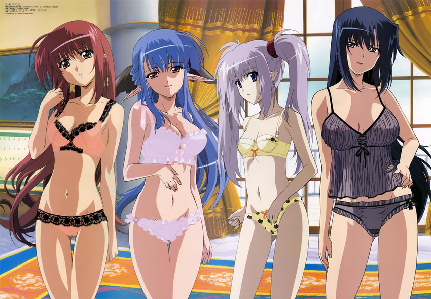 adjusting_hair age_difference ahoge animal_print ass_visible_through_thighs bangs benibara_nadeshiko black_hair blue_eyes blue_hair bow bow_bra bow_panties bra breasts breasts_apart brown_eyes camisole cat_print cleavage clenched_hand closed_mouth clothes_writing covered_nipples cowboy_shot curtains frilled_bra frilled_panties frills grey_panties groin hair_between_eyes hair_ribbon hair_tie half_updo hand_on_hip head_tilt highres hips hosoda_naoto indoors lace lace-trimmed_bra lace-trimmed_panties large_breasts light_smile lineup lingerie lipstick lisianthus long_hair long_pointy_ears looking_at_viewer makeup mature megami multiple_girls navel nerine official_art painting_(object) pale_skin panties parted_lips pink_bra pink_panties pointy_ears primula print_panties purple_eyes red_eyes red_hair ribbon rug scan see-through shuffle! sidelocks silver_hair small_breasts smile standing thigh_gap twintails underwear underwear_only very_long_hair white_bra white_panties window yellow_bra yellow_panties