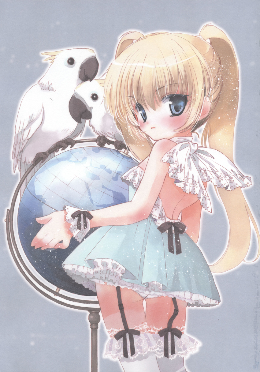 absurdres animal bird blonde_hair blue_eyes blush cockatoo copyright_request dress flat_chest frills globe hato_rami highres lace long_hair looking_back panties parrot short_dress solo sulphur-crested_cockatoo thighhighs underwear white_legwear white_panties