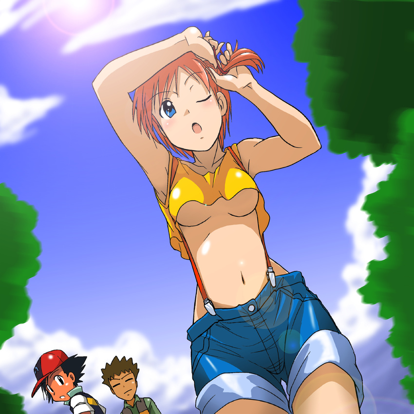 2boys armpits black_hair blue_eyes breasts brown_hair cloud day dengeki!_pikachu hairdressing hat highres kakkii kasumi_(pokemon) lens_flare medium_breasts multiple_boys navel one_eye_closed orange_hair pokemon pokemon_(anime) pokemon_dp_(anime) satoshi_(pokemon) shorts side_ponytail sky suspenders takeshi_(pokemon) underboob