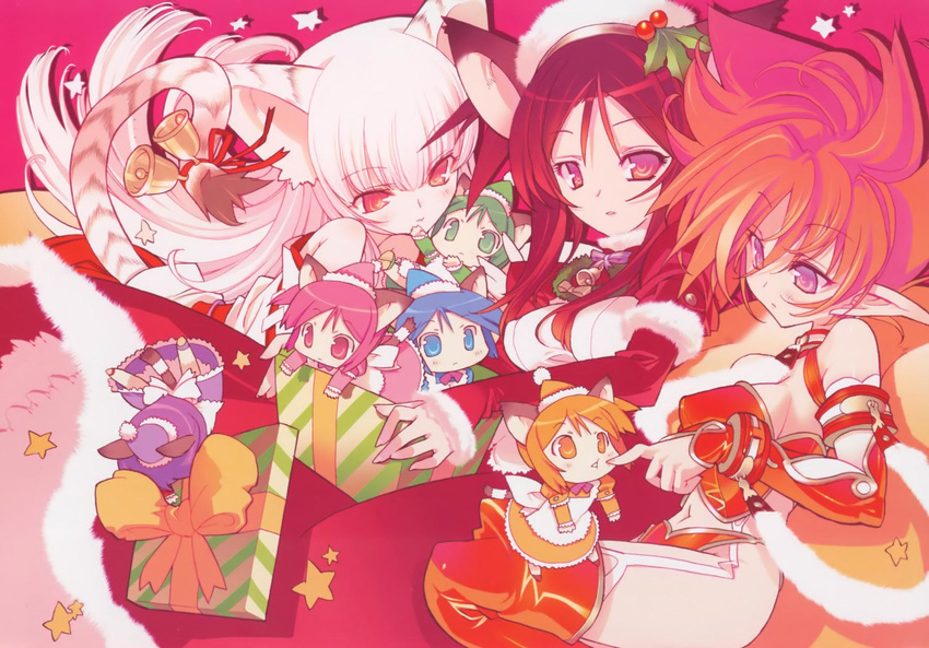 apron bell blonde_hair blue_hair bow cat_ears cat_tail catgirl chibi dress green_hair hat long_hair maid maid_apron mini nekomimi pink_hair purple_eyes purple_hair red_eyes red_hair santa santa_costume sd short_hair tail thighhighs uniform white_hair