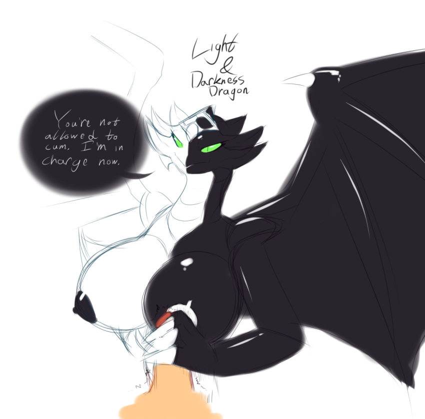 2016 anthro averyshadydolphin big_breasts big_wings breasts claws dialogue digital_media_(artwork) domination dragon duo erect_nipples erection female female_domination first_person_view green_eyes handjob hi_res horn konami light_and_darkness_dragon long_neck looking_at_viewer male male/female membranous_wings multicolored_scales nipples non-mammal_breasts nude orgasm_denial penis scales scalie sex simple_background solo_focus submissive text two_tone_body two_tone_scales wings yu-gi-oh