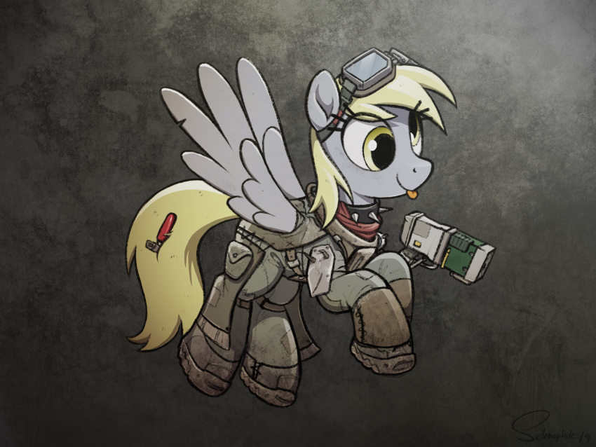 2019 absurd_res clothing collar derpy_hooves_(mlp) equine eyewear female feral friendship_is_magic goggles hi_res mammal my_little_pony pegasus selenophile signature smile solo spiked_collar spikes tongue tongue_out wings