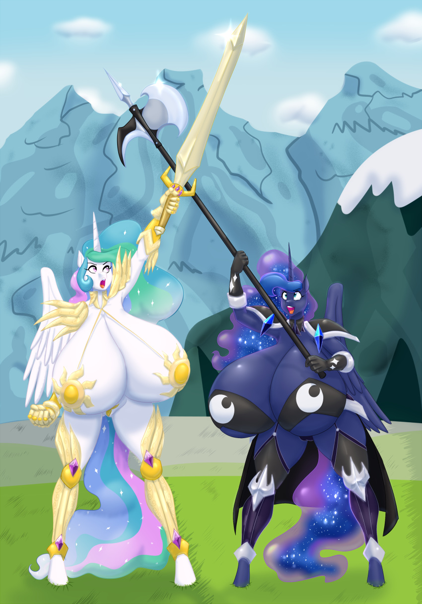 2019 absurd_res blues64 camel_toe cloud coralleaf cutie_mark duo equine female friendship_is_magic hair hi_res holding_object holding_weapon horn long_hair mammal marauder6272 melee_weapon mountain multicolored_hair my_little_pony open_mouth outside princess_celestia_(mlp) princess_luna_(mlp) sibling sisters sword weapon winged_unicorn wings