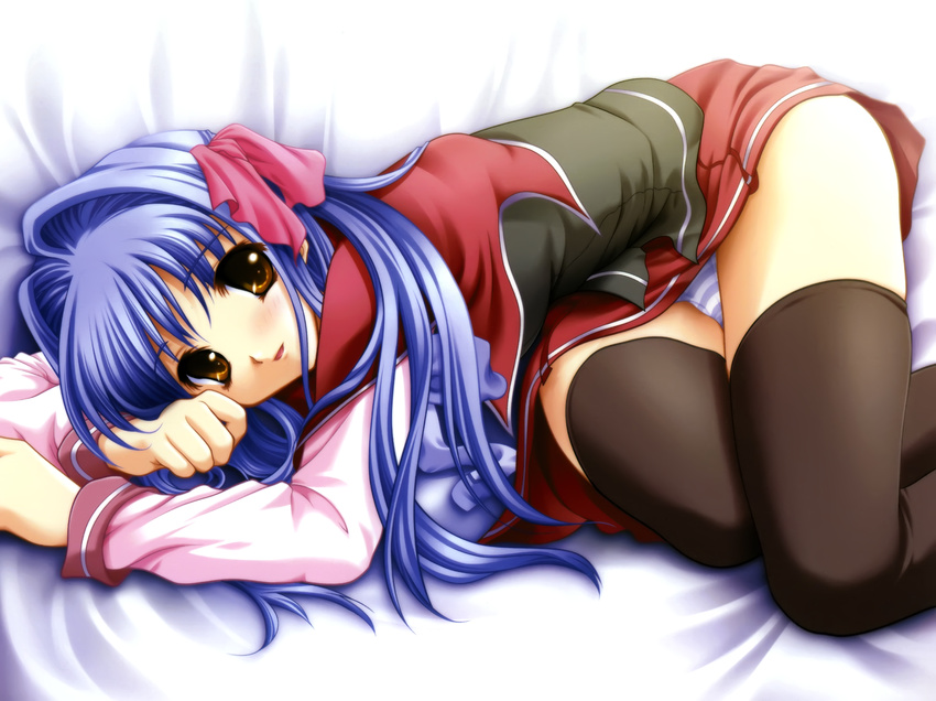 :d absurdres bed_sheet black_legwear blue_hair blue_panties blush brown_eyes clenched_hand floralia girls_museum hair_intakes hair_ribbon highres horizontal_stripes indoors legs_together long_hair long_sleeves looking_at_viewer lying masaharu official_art on_bed on_side open_mouth panties pantyshot parted_lips pink_ribbon ribbon scan school_uniform shirase_ui sleeve_cuffs smile solo striped striped_panties thighhighs underwear white_panties