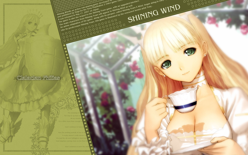 armor bangs blonde_hair blunt_bangs boots breasts choker clalaclan_philias cleavage close-up crown cup dress earrings english flower frills green_eyes hat high_heels highres jewelry large_breasts long_hair official_art parted_bangs plate princess shield shining_(series) shining_wind shoes smile solo tanaka_takayuki tea teacup very_long_hair wallpaper widescreen