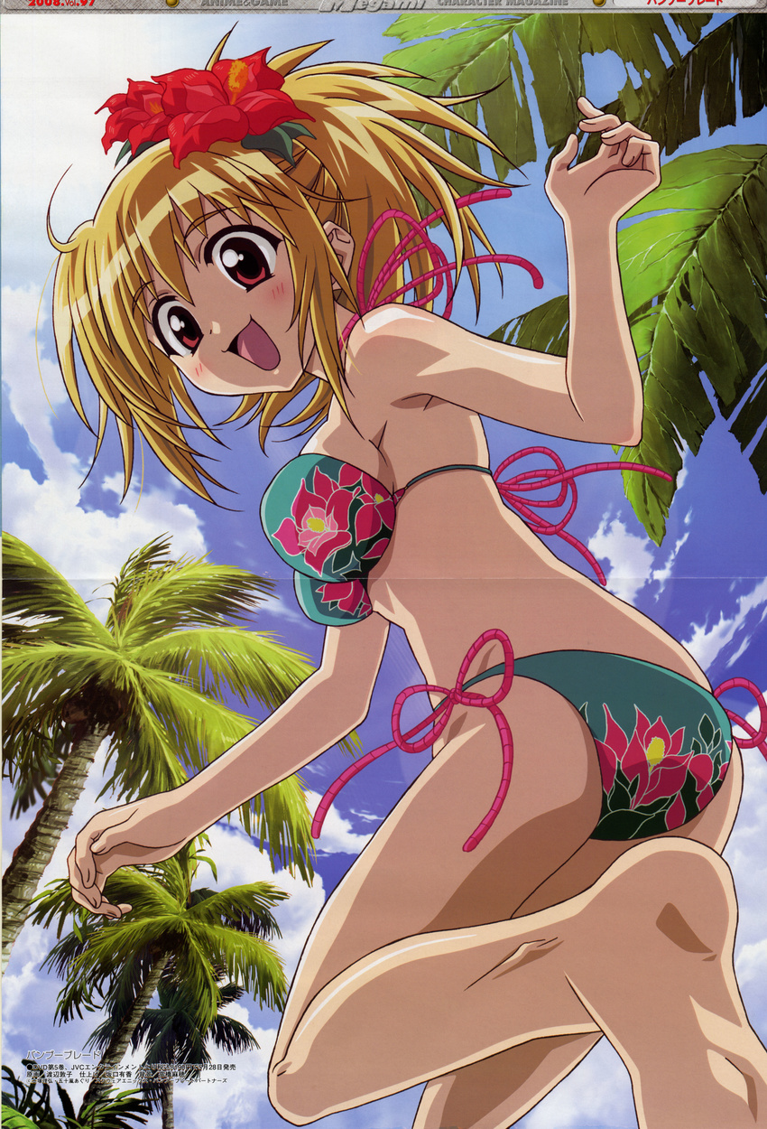 absurdres armpits bamboo_blade barefoot bikini blonde_hair chiba_kirino cloud crease day feet floral_print flower hair_flower hair_ornament hibiscus highres palm_tree print_bikini red_eyes scan scan_artifacts side-tie_bikini sky solo swimsuit tree watanabe_atsuko