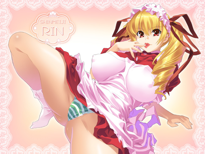 apron arm_support bangs blonde_hair bobby_socks border breasts breasts_apart buttons cameltoe character_name dress dress_lift drill_hair dutch_angle erect_nipples finger_to_mouth fingernails foreshortening frills gradient gradient_background green_panties hair_between_eyes hair_ribbon highres huge_breasts kei_(bekei) lace lace-trimmed_panties legs long_fingernails long_hair maid maid_apron maid_headdress nipples oshioki_sweetie panties pantyshot partially_visible_vulva puffy_nipples reclining red_eyes ribbon ringlets shinmeiji_rinn short_dress skirt socks solo spread_legs squatting striped striped_panties thick_thighs thighs tiptoes tongue underwear upskirt wallpaper white_panties