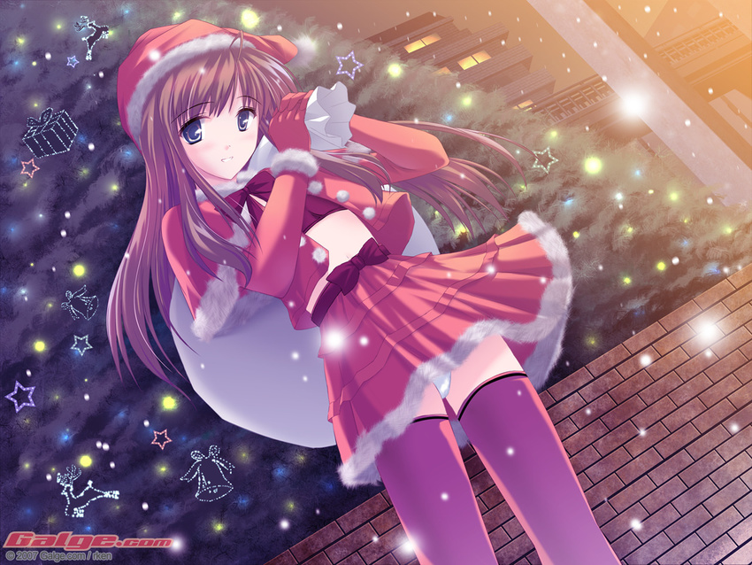 blush brown_hair christmas flat_chest galge.com gloves hat long_hair original panties pantyshot red_gloves ryoumoto_ken santa_costume santa_hat solo thighhighs underwear