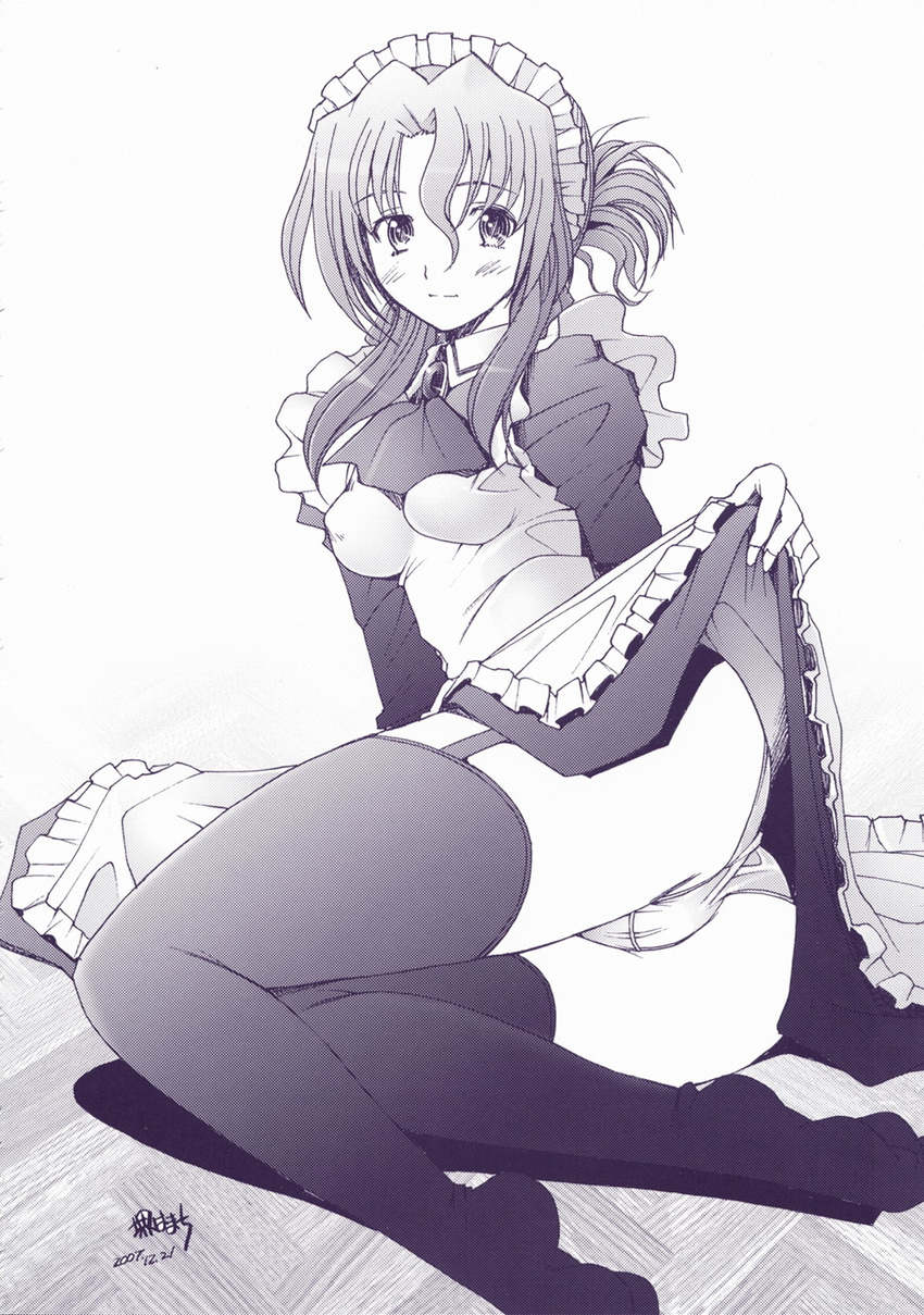 1girl ass blush breasts female hayate_no_gotoku! highres long_hair maid maria maria_(hayate_no_gotoku!) monochrome panties skirt skirt_lift solo thighhighs underwear uniform