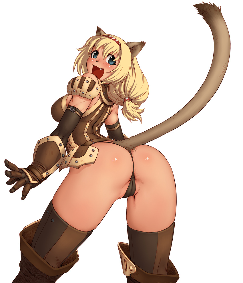 absurdres animal_ears ass blonde_hair blue_eyes blush cameltoe cat_ears cat_tail fang final_fantasy final_fantasy_xi gochou_(kedama) hairband highres long_hair mithra open_mouth slit_pupils solo tail thighhighs transparent_background