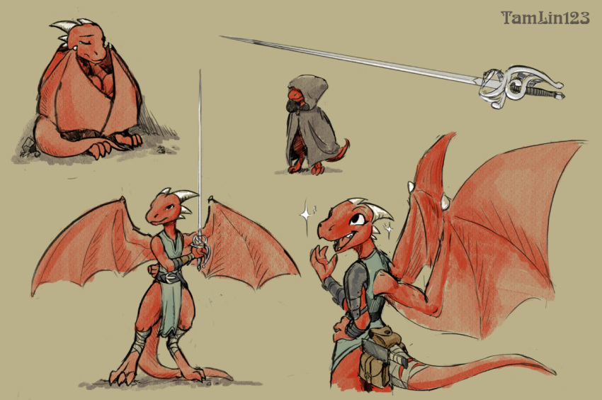 bag claws clothing fangs female horn kobold melee_weapon red_scales scales scalie simple_background solo sword tamlin123 weapon wings