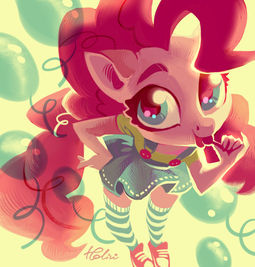 anthro anthrofied blue_eyes candy clothing dress equid equine female food friendship_is_magic hand_on_hip high-angle_view holivi horse lollipop looking_at_viewer mammal my_little_pony pinkie_pie_(mlp) pony pose skirt solo tongue tongue_out