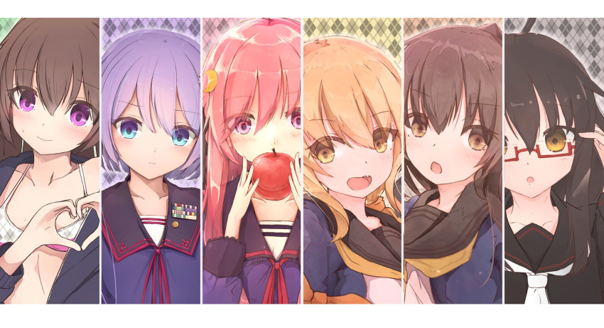 black_hair blonde_hair blue_eyes bra brown_eyes brown_hair fang fumizuki_(kantai_collection) highres jacket kisaragi_(kantai_collection) long_hair mikazuki_(kantai_collection) munehiro_(21plus) open_clothes open_jacket pink_eyes pink_hair purple_eyes purple_hair satsuki_(kantai_collection) short_hair underwear uzuki_(kantai_collection) yayoi_(kantai_collection) yellow_eyes