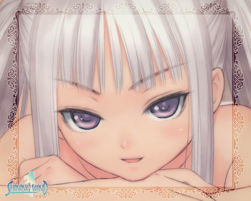 bare_shoulders close-up houmei purple_eyes shining_(series) shining_wind smile solo tanaka_takayuki twintails wallpaper white_hair