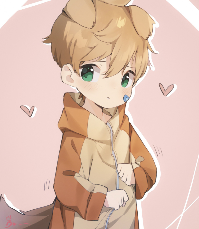 &lt;3 2019 animal_humanoid bandage blonde_hair canid canid_humanoid canine canine_humanoid child clothed clothing dog_humanoid green_eyes hair humanoid kaoru_(thebrushking) male mammal onesie solo thebrushking young