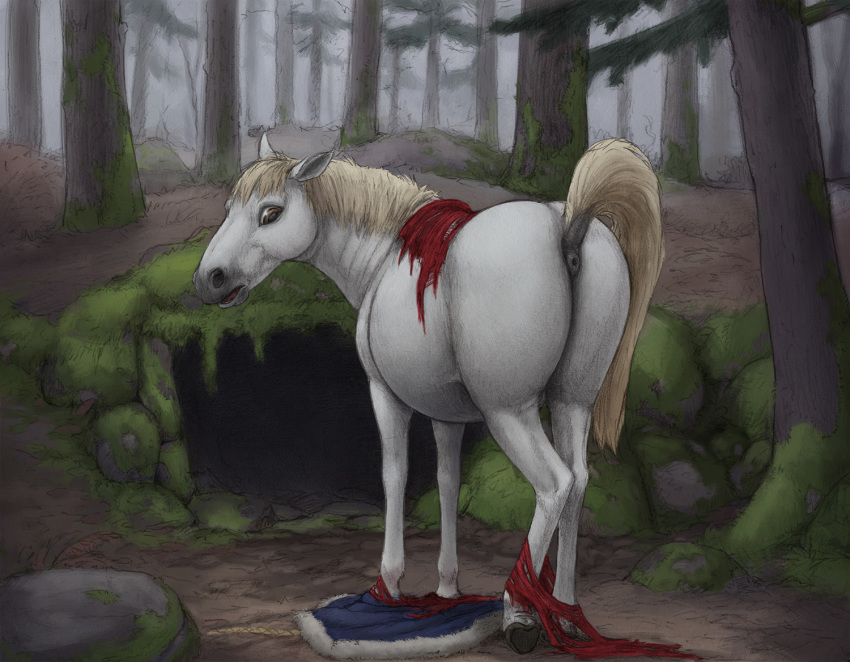 ambiguous_gender anus belly butt clothing detailed_background difetra equid equine feral forest horse looking_back mammal post_transformation rear_view slightly_chubby solo surprise torn_clothing tree