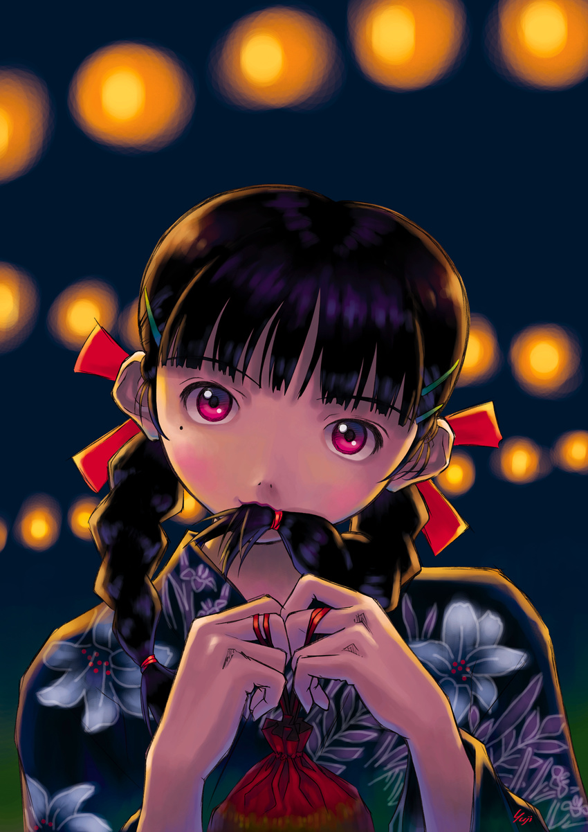 1girl bag bangs black_hair blunt_bangs blurry blush braid bust dark depth_of_field fingers_together floral_print hair_in_mouth hair_ornament hair_ribbon hairclip hands head_tilt highres holding japanese_clothes kimono kobayashi_yuji lights looking_at_viewer mouth_hold nagko night original outdoors pink_eyes ribbon scrunchie short_hair smile solo twin_braids upper_body