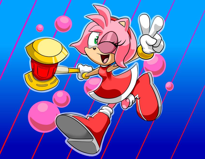 amy_rose hammer one_eye_closed parumpi peace_sign_(disambiguation) sonic_(series) tools wink